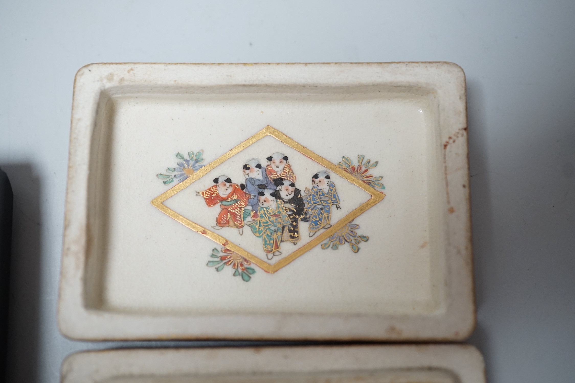 A small Japanese signed Satsuma export dish and cover, of rectangular form, together with a micro-mosaic and inlaid slate desk weight (2) 6.5 x 4.5cm